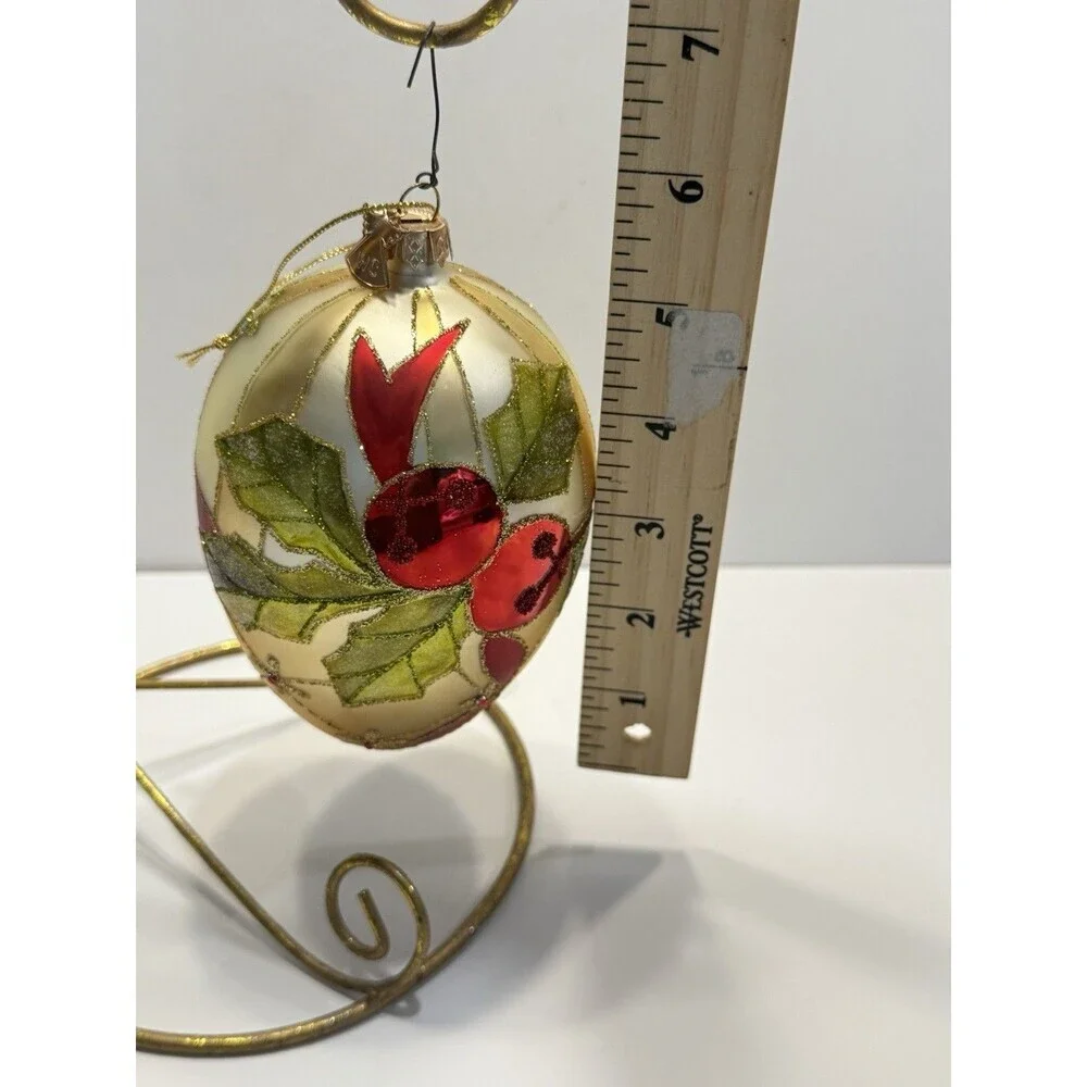 VTG W.C Gold Teardrop Christmas Ornament Hand Painted Berry Holly Glitter Glass
